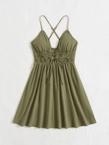 Soleia Đầm Lộ Lưng Hội Chữ thập Dải chun Thắt nơ trước màu trơn Boho - xanh quân đội - Xem 3