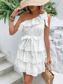 SHEIN WYWH Vestido con cinturón de un hombro ribete con fruncido - Blanco - Ver 5
