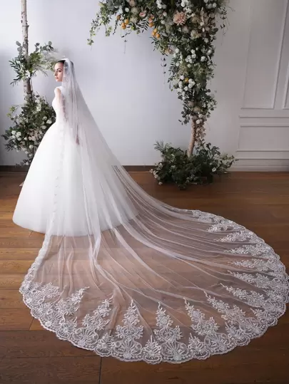 1 pieza Velo de novia elegante con bordado floral para boda y fiesta, ropa de otoño para mujer