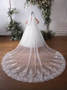 1 件女士花卉刺绣优雅新娘面纱，适合婚礼派对秋季女士服装 - 白色 - 查看 3