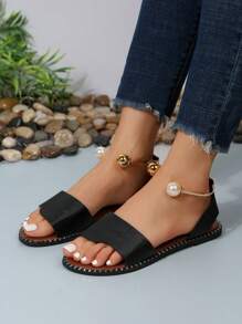 女士人造珍珠裝飾平底優雅黑色踝帶平底涼鞋 - 黑色 - 查看 1
