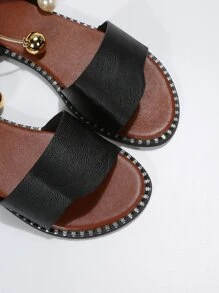 女士人造珍珠裝飾平底優雅黑色踝帶平底涼鞋 - 黑色 - 查看 6