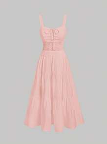 SHEIN MOD Vestido de tirantes unicolor bajo con fruncido - Rosa Pálido - Ver 1