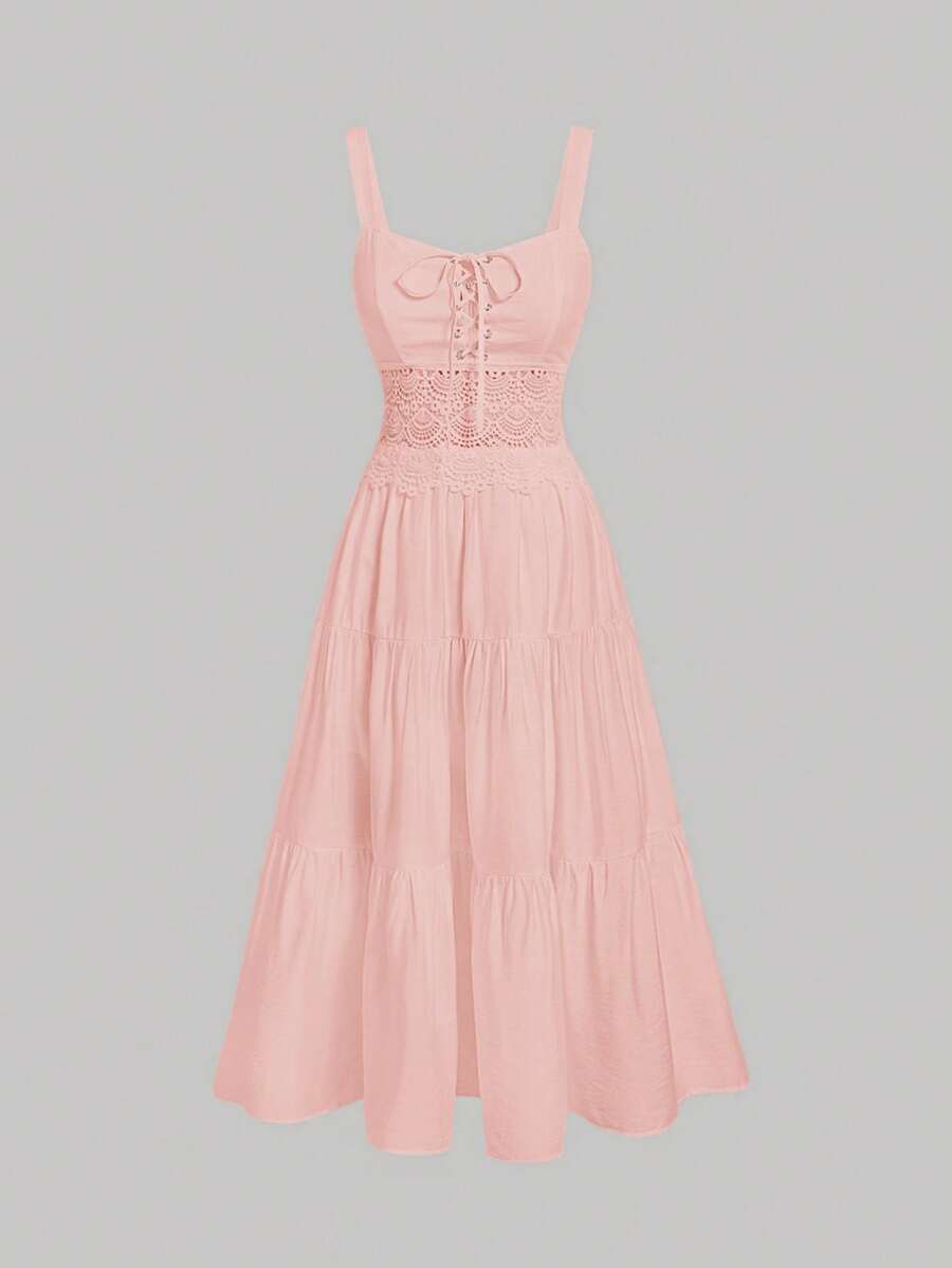 SHEIN MOD Vestido de tirantes unicolor bajo con fruncido - Rosa Pálido - Ver 1