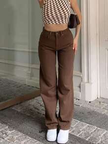 Solid High Waist Straight Leg Pants - Brown - View 1