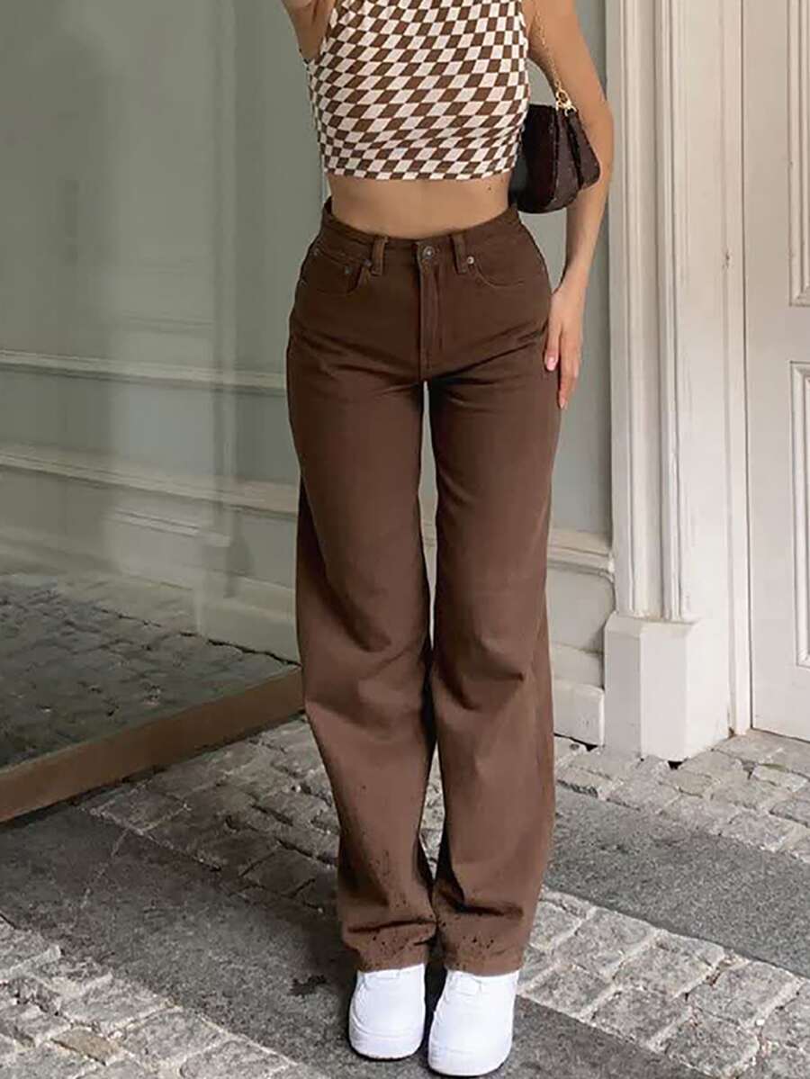 Solid High Waist Straight Leg Pants - Brown - View 1