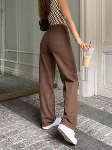 Solid High Waist Straight Leg Pants - Brown - View 2