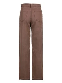Solid High Waist Straight Leg Pants - Brown - View 4