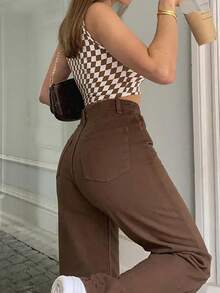 Solid High Waist Straight Leg Pants - Brown - View 5