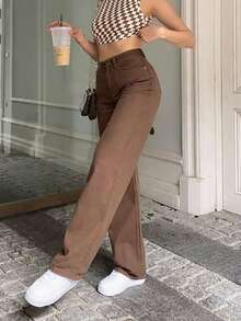 Solid High Waist Straight Leg Pants - Brown - View 6