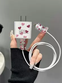 3pcs Heart Print Clear Data Cable Protector & Charging Head Cover Set Compatible With iPhone - Multicolor - View 1