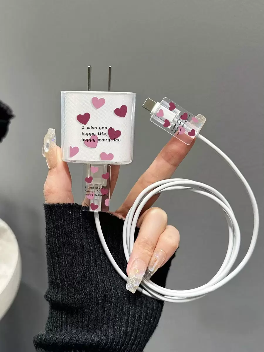 3pcs Heart Print Clear Data Cable Protector & Charging Head Cover Set Compatible With iPhone - Multicolor - View 1