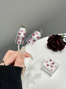 3pcs Heart Print Clear Data Cable Protector & Charging Head Cover Set Compatible With iPhone - Multicolor - View 3