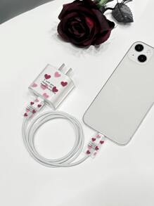 3pcs Heart Print Clear Data Cable Protector & Charging Head Cover Set Compatible With iPhone - Multicolor - View 4