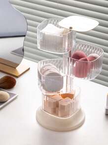 1 pieza Caja de almacenamiento rotativa transparente para borlas de maquillaje, organizador de esponjas de maquillaje de plástico para escritorio - transparente - Ver 1