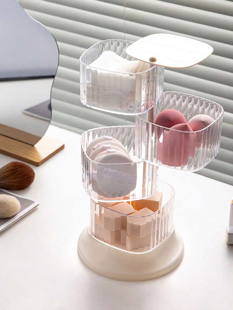 1 pieza Caja de almacenamiento rotativa transparente para borlas de maquillaje, organizador de esponjas de maquillaje de plástico para escritorio - transparente - Ver 1