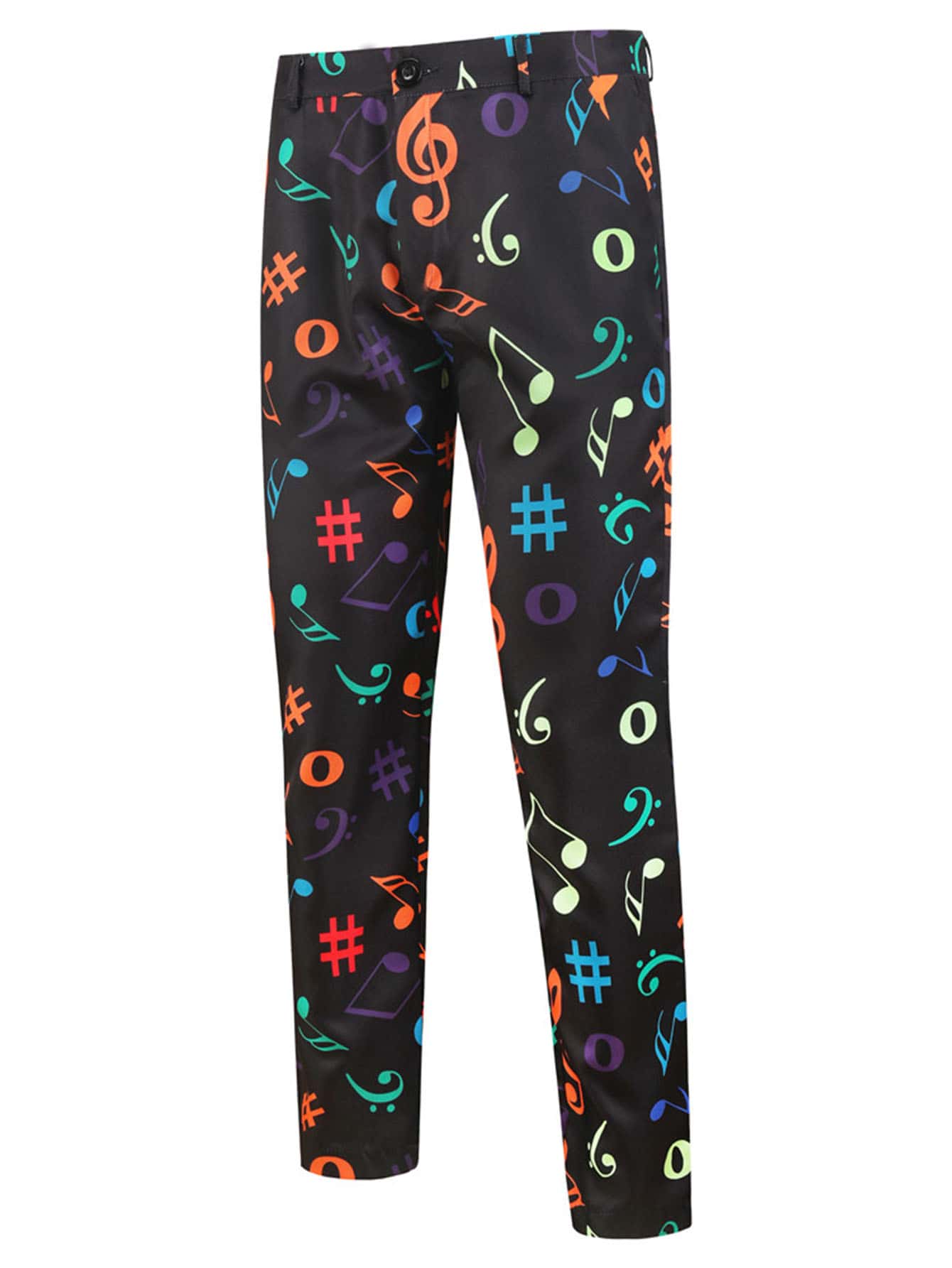 Men Music Note Print Suit Trousers - Black - View 1