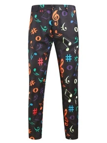 Men Music Note Print Suit Trousers - Black - View 4