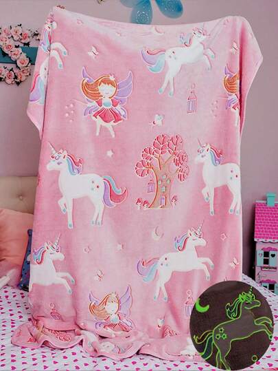 1pc Cute Glow-In-The-Dark Unicorn Fleece Blanket, Soft Pink Plush Throw Blanket, Lovely/Christmas/Birthday Gift! High Quality Plush Blanket With Butterfly & Star Design