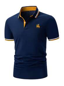 Manfinity Homme Camisa de polo gráfica con estampado de caballo para hombre, con ribetes de rayas, camisa casual de bloque de color azul oscuro para el esposo
