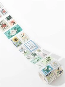 1卷花卉圖案郵票設計美紋紙膠帶用於DIY工藝複古多用途和紙膠帶手帳裝飾 - 米色 - 查看 1