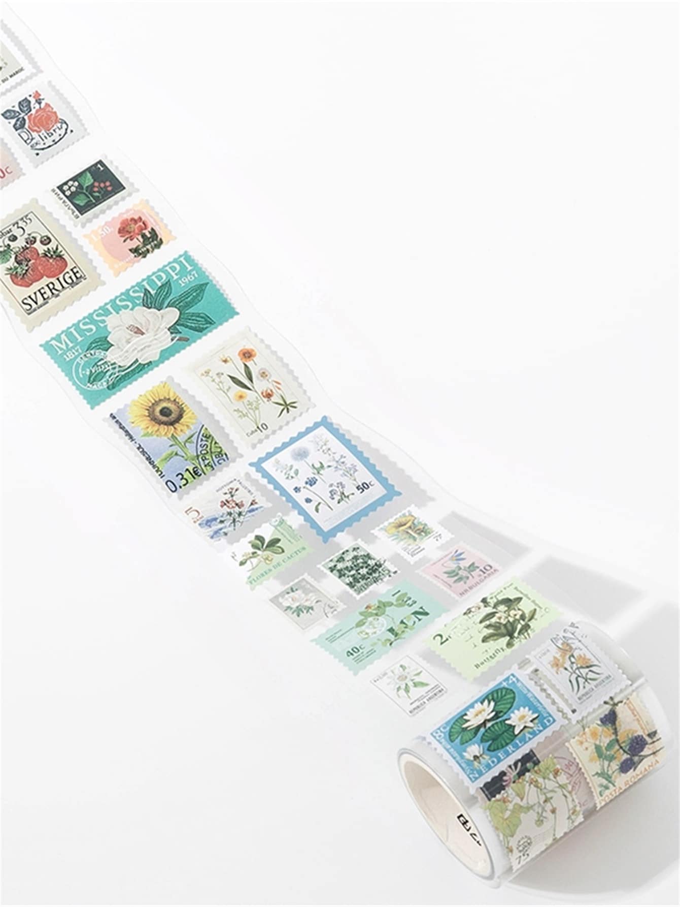 1卷花卉圖案郵票設計美紋紙膠帶用於DIY工藝複古多用途和紙膠帶手帳裝飾 - 米色 - 查看 1