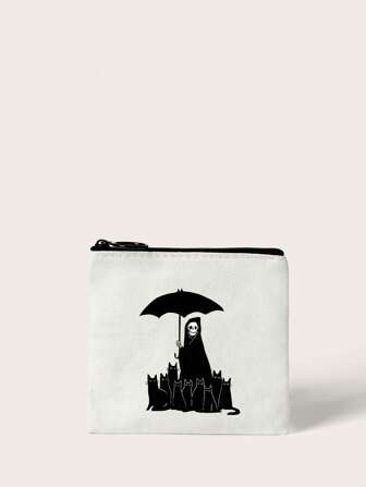 Ppmid Polyester Coin Purse Cartoon Cat & Skull Pattern Zipper