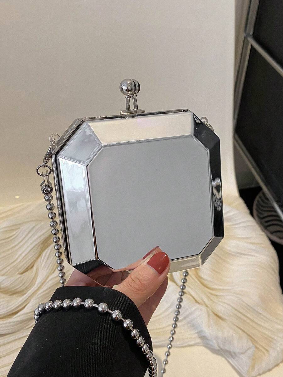 Mini Box Bag Metallic Kiss Lock - Silver - View 1