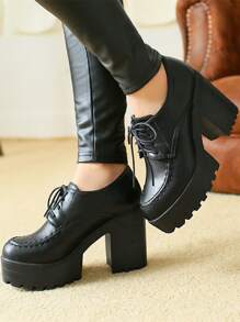 秋冬女士简约系带粗跟高跟鞋，优雅黑色牛津鞋，优雅 - 黑色 - 查看 2