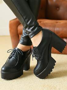 秋冬女士简约系带粗跟高跟鞋，优雅黑色牛津鞋，优雅 - 黑色 - 查看 3