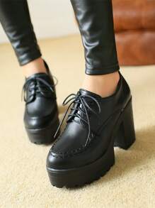 秋冬女士简约系带粗跟高跟鞋，优雅黑色牛津鞋，优雅 - 黑色 - 查看 4