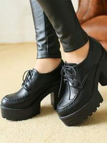 秋冬女士简约系带粗跟高跟鞋，优雅黑色牛津鞋，优雅 - 黑色 - 查看 5