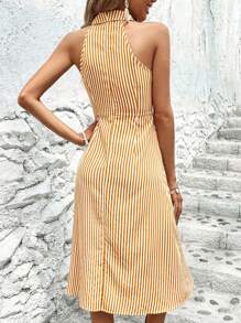 SHEIN LUNE 條紋印花高衩連衣裙 - 亮橙色 - 查看 3
