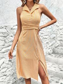 SHEIN LUNE 條紋印花高衩連衣裙 - 亮橙色 - 查看 4