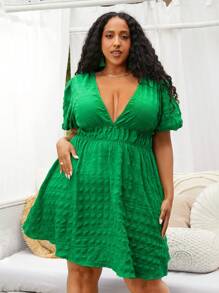 SHEIN CURVE+ Đầm Plus Size màu trơn Gợi cảm - màu xanh lá - Xem 5