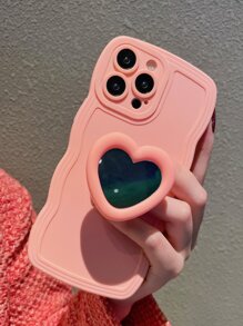 Heart Decor Phone Case With Stand-Out Holder - Pink - View 1
