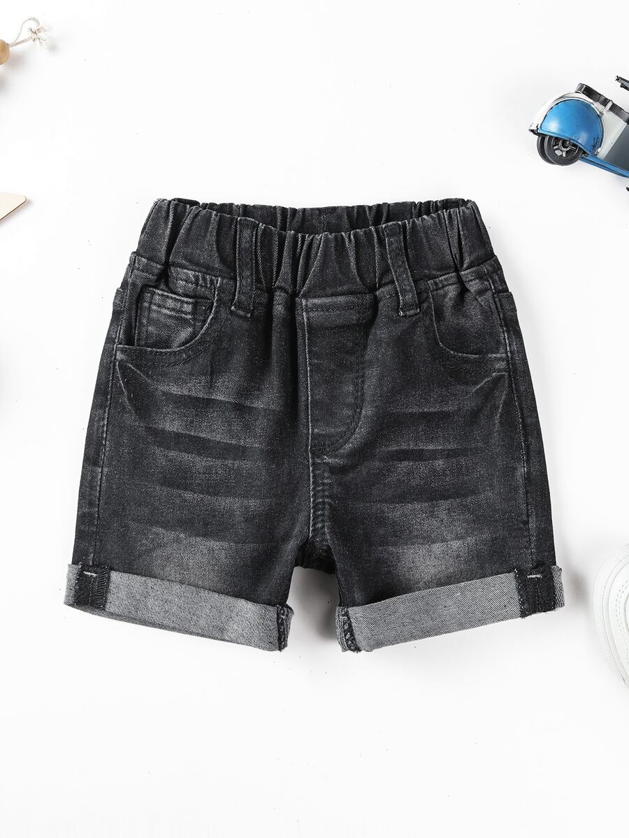 嬰兒水洗卷邊牛仔短褲 - 黑色 - 查看 1
