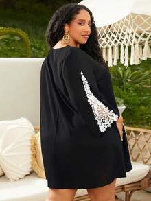 SHEIN CURVE+ Plus Scallop Trim Contrast Lace Dress - Black - View 2