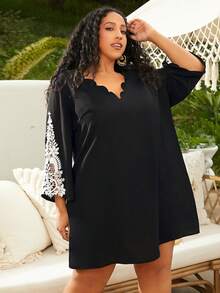 SHEIN CURVE+ Plus Scallop Trim Contrast Lace Dress - Black - View 4