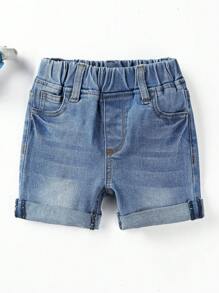 SHEIN 嬰兒男寶寶洗水卷邊牛仔短褲 - 中等水洗藍 - 查看 1