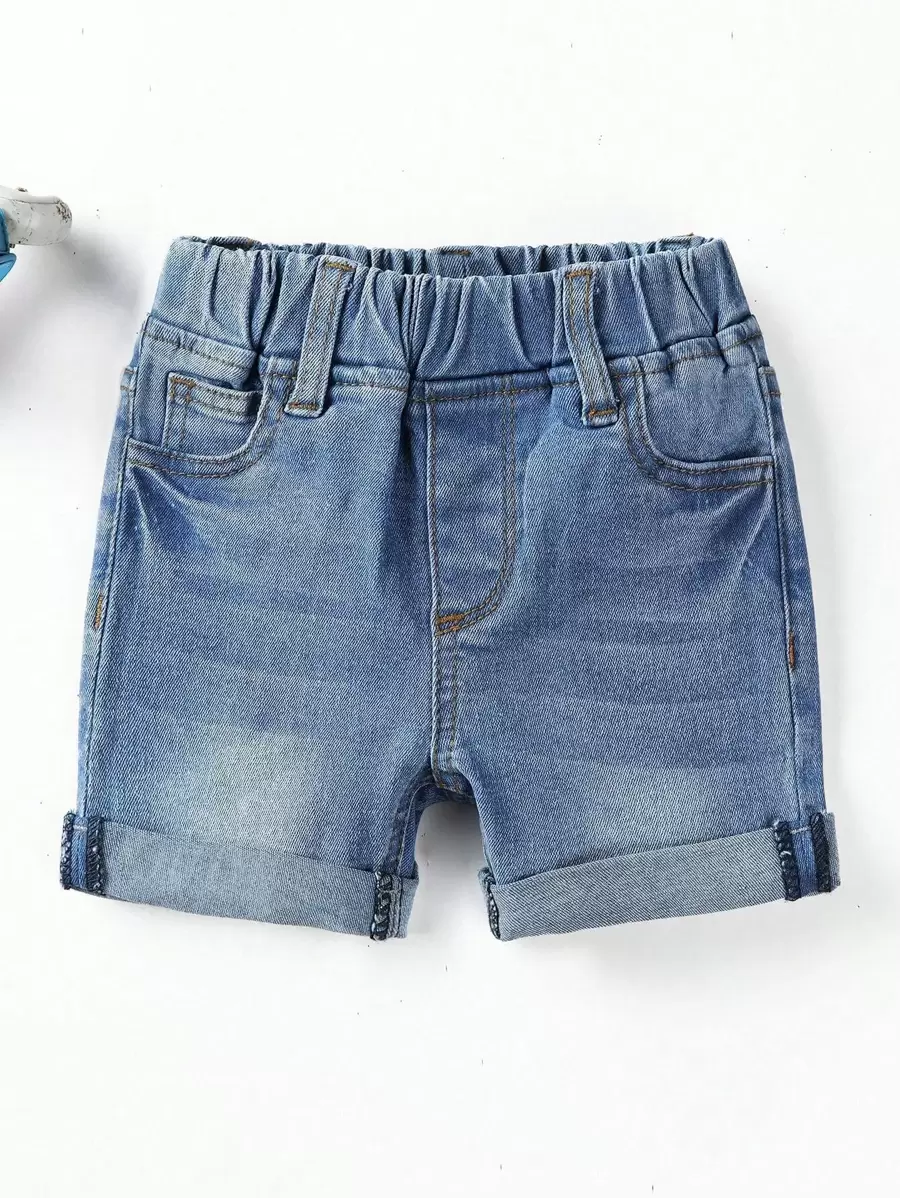 SHEIN 嬰兒男寶寶洗水卷邊牛仔短褲 - 中等水洗藍 - 查看 1