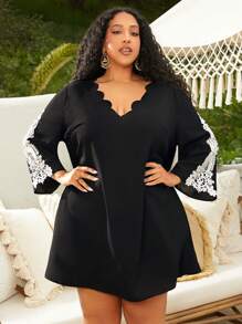 SHEIN CURVE+ Plus Scallop Trim Contrast Lace Dress - Black - View 1