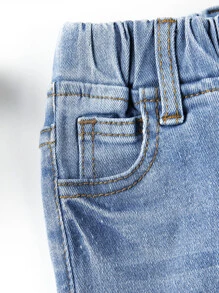 SHEIN 嬰兒男寶寶洗水卷邊牛仔短褲 - 中等水洗藍 - 查看 3