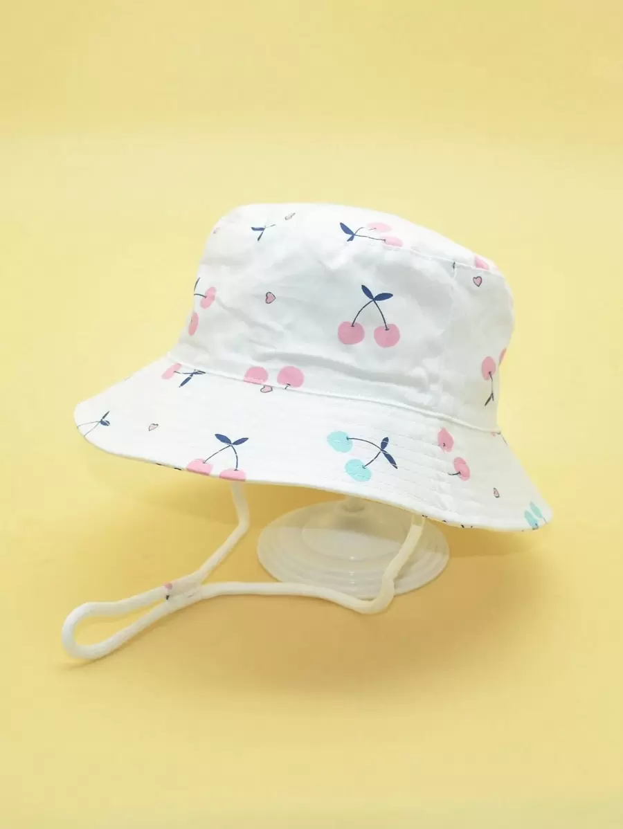 1 件儿童可调节樱桃印花卡通户外防晒休闲渔夫帽 - 白色 - 查看 1