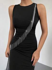 EURMUSE Fringe Trim Tank Bodycon Dress - Black - View 4