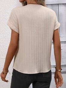 SHEIN LUNE Contrast Trim Batwing Sleeve Blouse - Apricot - View 2