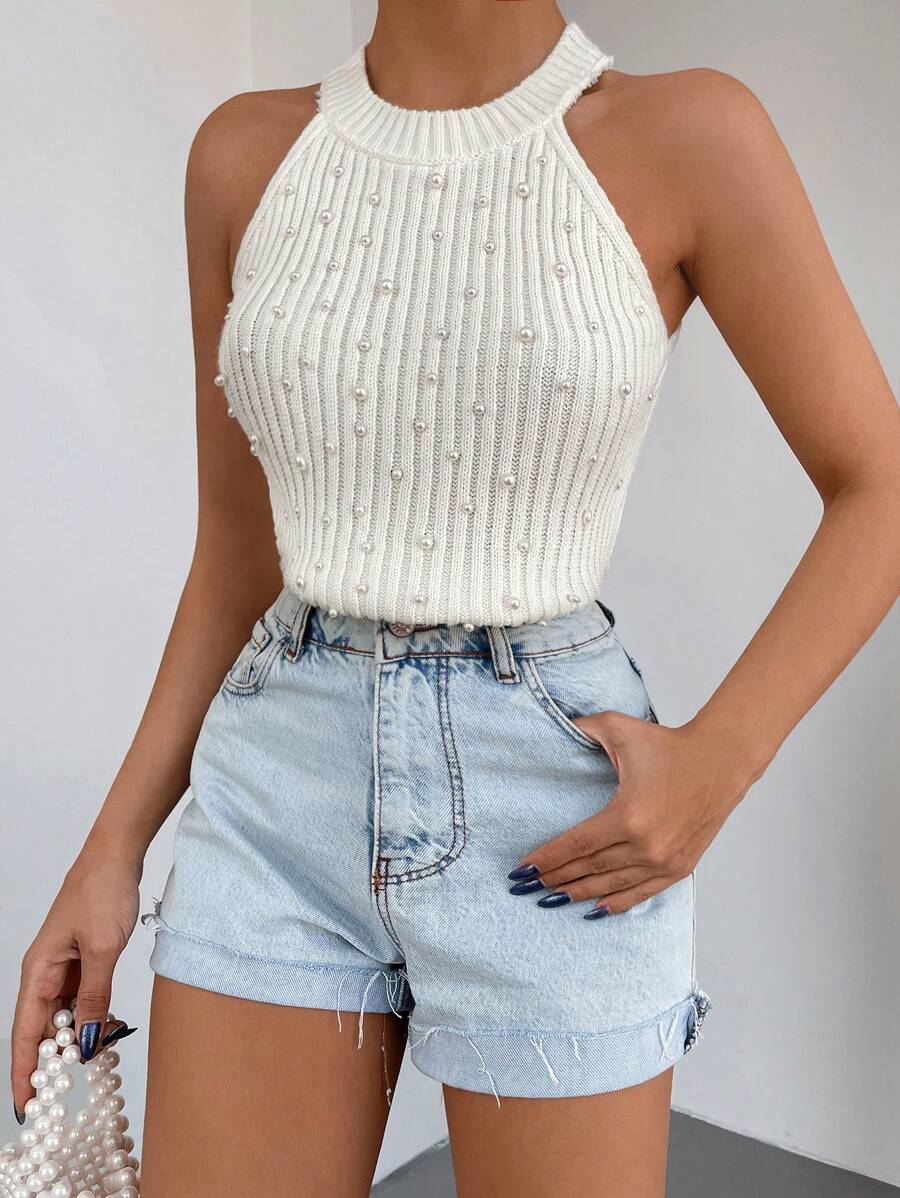 EURMUSE Pearls Beaded Halter Neck Ribbed Knit Top