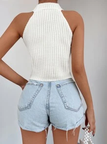 EURMUSE Pearls Beaded Halter Neck Ribbed Knit Top