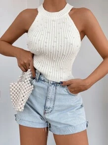 EURMUSE Pearls Beaded Halter Neck Ribbed Knit Top