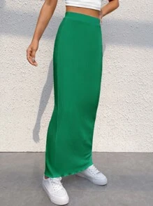 SHEIN EZwear Solid Ribbed Knit Lettuce Trim Skirt - Green - View 4